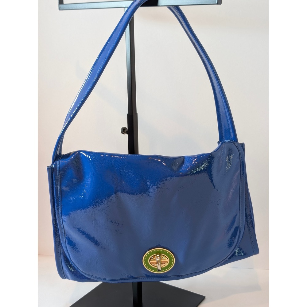 Kate Landry Blue Patent Leather Shoulder Bag Purse Turnlock Floral Lining